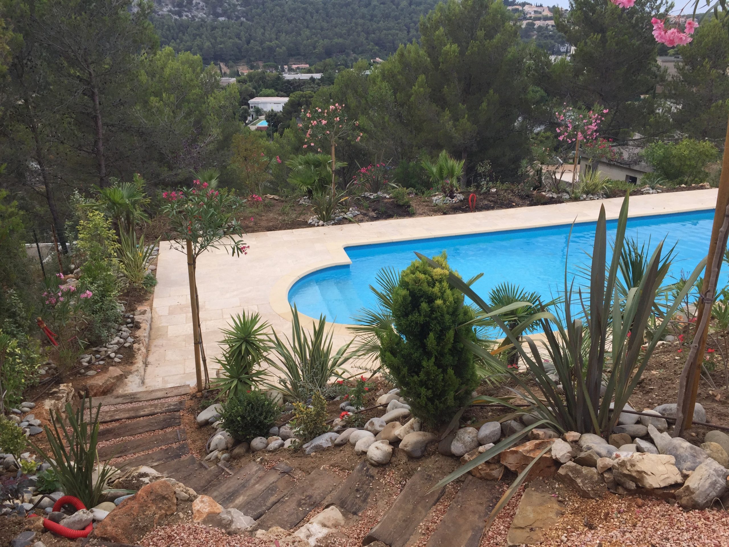 Jardin méditerranéen avec massifs fleuris et piscine Carnoux-en-Provence