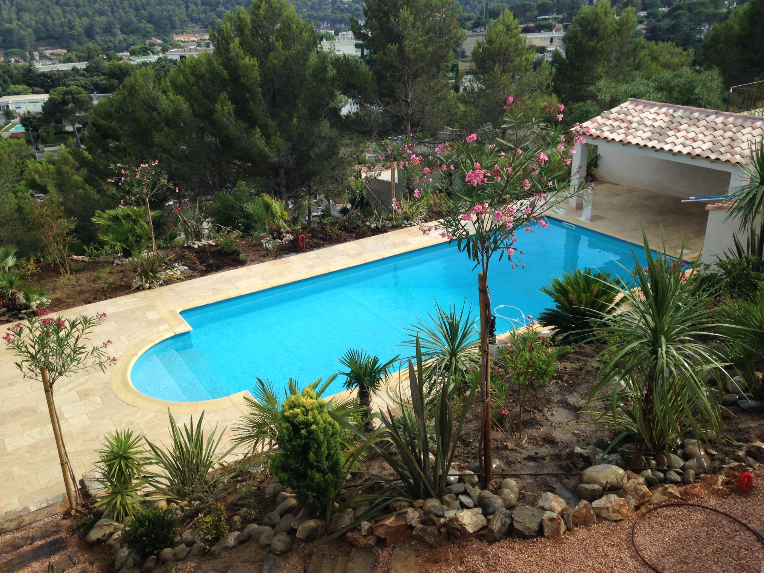 Abords de piscine paysagés avec dallage et plantations Carnoux